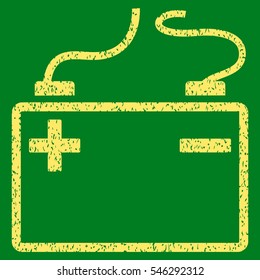 Accumulator grainy textured icon for overlay watermark stamps. Flat symbol with unclean texture. Dotted vector yellow ink rubber seal stamp with grunge design on a green background.