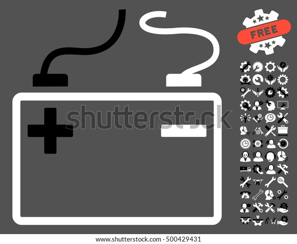 Accumulator icon with bonus options graphic\
icons. Vector illustration style is flat iconic symbols, black and\
white colors, gray\
background.