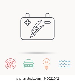 Accumulator icon. Electrical battery sign. Global connect network, ocean wave and burger icons. Lightbulb lamp symbol.