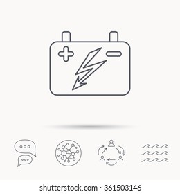 Accumulator icon. Electrical battery sign. Global connect network, ocean wave and chat dialog icons. Teamwork symbol.