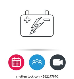 Accumulator icon. Electrical battery sign. Group of people, video cam and calendar icons. Vector