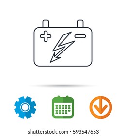 Accumulator icon. Electrical battery sign. Calendar, cogwheel and download arrow signs. Colored flat web icons. Vector