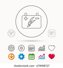 Accumulator icon. Electrical battery sign. Calendar, Graph chart and Cogwheel signs. Download and Heart love linear web icons. Vector