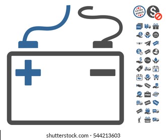 Accumulator icon with free bonus clip art. Vector illustration style is flat iconic symbols, cobalt and gray colors, white background.
