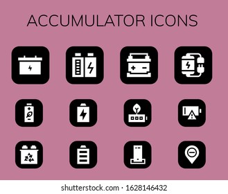 accumulator icon set. 12 filled accumulator icons.  Simple modern icons such as: Battery, Full battery, Charger, Empty battery, Diminish