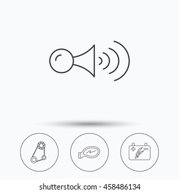 Accumulator, klaxon signal and generator belt icons. Accumulator linear sign. Linear icons in circle buttons. Flat web symbols. Vector