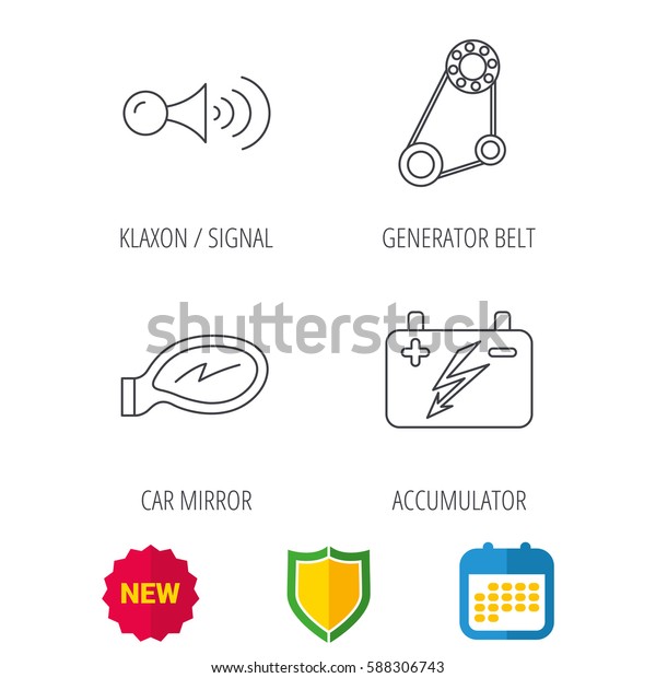 Accumulator, klaxon signal and generator belt\
icons. Accumulator linear sign. Shield protection, calendar and new\
tag web icons.\
Vector