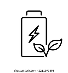 Accumulator with Leaf and Lightning Line Icon. Eco Rechargeable Green Energy Linear Pictogram. Renewable Battery with Plant Outline Symbol. Editable Stroke. Isolated Vector Illustration.