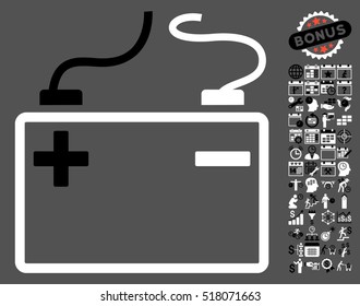 Accumulator pictograph with bonus calendar and time management icon set. Vector illustration style is flat iconic symbols, black and white colors, gray background.