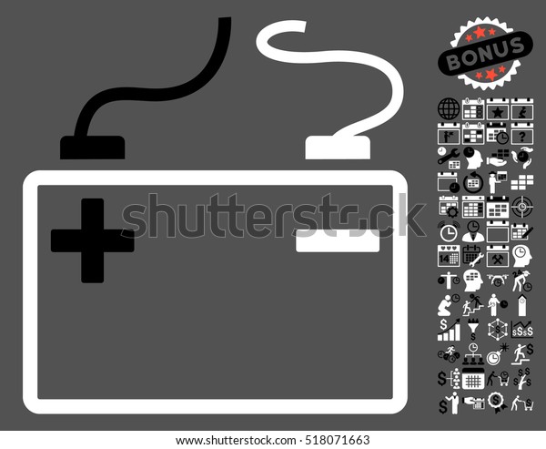 Accumulator pictograph with bonus
calendar and time management icon set. Vector illustration style is
flat iconic symbols, black and white colors, gray
background.