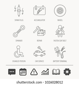 Accumulator, spanner tool and car service icons. Repair toolbox, wheel and spark plug linear signs. Disabled person, battery terminal icons. Education book, Graph chart and Chat signs. Vector