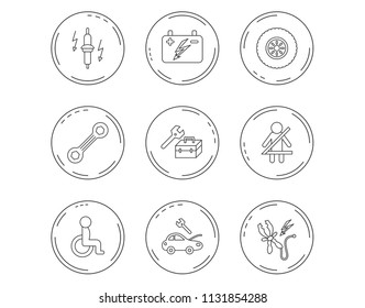 Accumulator, spanner tool and car service icons. Repair toolbox, wheel and spark plug linear signs. Disabled person, battery terminal icons. Linear Circles web buttons with icons. Vector