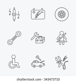 Accumulator, spanner tool and car service icons. Repair toolbox, wheel and spark plug linear signs. Disabled person, battery terminal icons. Linear black icons on white background.