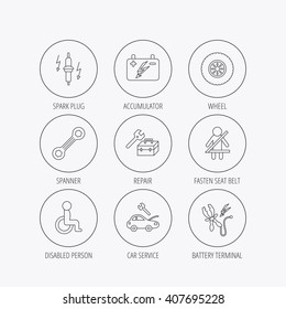 Accumulator, spanner tool and car service icons. Repair toolbox, wheel and spark plug linear signs. Disabled person, battery terminal icons. Linear colored in circle edge icons.