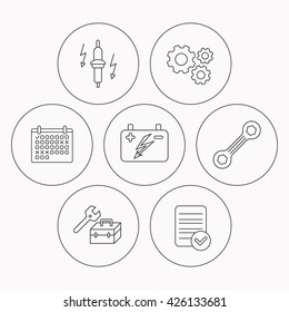 Accumulator, spanner tool and car service icons. Repair toolbox, spark plug linear signs. Check file, calendar and cogwheel icons. Vector