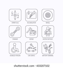 Accumulator, spanner tool and car service icons. Repair toolbox, wheel and spark plug linear signs. Disabled person, battery terminal icons. Flat linear icons in squares on white background. Vector