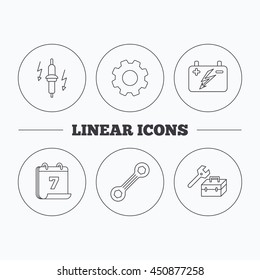 Accumulator, spanner tool and car service icons. Repair toolbox, spark plug linear signs. Flat cogwheel and calendar symbols. Linear icons in circle buttons. Vector