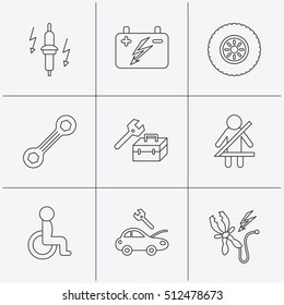 Accumulator, spanner tool and car service icons. Repair toolbox, wheel and spark plug linear signs. Disabled person, battery terminal icons. Linear icons on white background. Vector