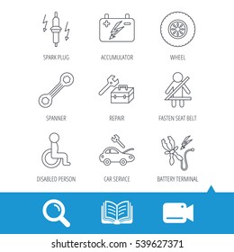 Accumulator, spanner tool and car service icons. Repair toolbox, wheel and spark plug linear signs. Disabled person, battery terminal icons. Video cam, book and magnifier search icons. Vector