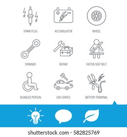 Accumulator, spanner tool and car service icons. Repair toolbox, wheel and spark plug linear signs. Disabled person, battery terminal icons. Light bulb, speech bubble and leaf web icons. Vector