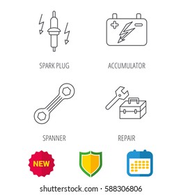 Accumulator, spanner tool and car service icons. Repair toolbox, spark plug linear signs. Shield protection, calendar and new tag web icons. Vector