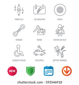 Accumulator, spanner tool and car service icons. Repair toolbox, wheel and spark plug linear signs. Disabled person, battery terminal icons. New tag, shield and calendar web icons. Download arrow