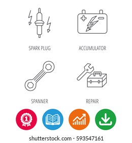 Accumulator, spanner tool and car service icons. Repair toolbox, spark plug linear signs. Award medal, growth chart and opened book web icons. Download arrow. Vector