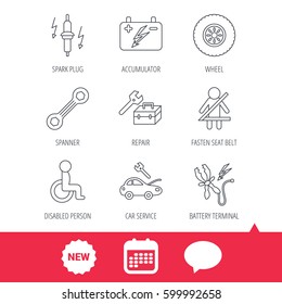 Accumulator, spanner tool and car service icons. Repair toolbox, wheel and spark plug linear signs. Disabled person, battery terminal icons. New tag, speech bubble and calendar web icons. Vector