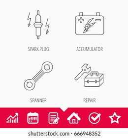Accumulator, spanner tool and car service icons. Repair toolbox, spark plug linear signs. Edit document, Calendar and Graph chart signs. Star, Check and House web icons. Vector