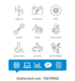 Accumulator, spanner tool and car service icons. Repair toolbox, wheel and spark plug linear signs. Disabled person, battery terminal icons. Report file, Graph chart and Chat speech bubble signs