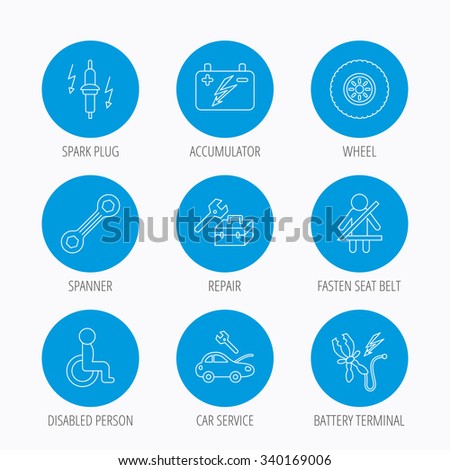 Accumulator, spanner tool and car service icons. Repair toolbox, wheel and spark plug linear signs. Disabled person, battery terminal icons. Blue circle buttons set. Linear icons.