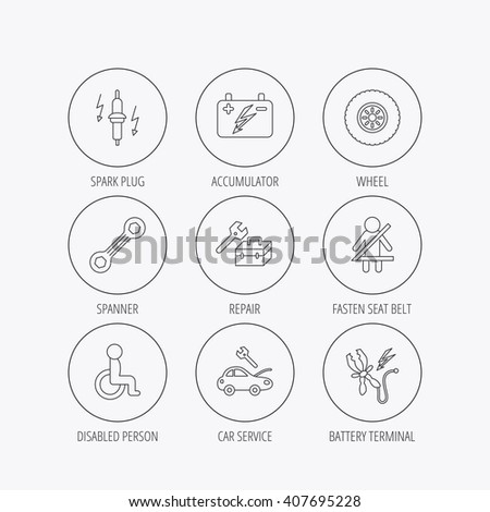 Accumulator, spanner tool and car service icons. Repair toolbox, wheel and spark plug linear signs. Disabled person, battery terminal icons. Linear colored in circle edge icons.