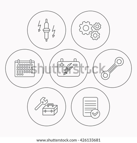 Accumulator, spanner tool and car service icons. Repair toolbox, spark plug linear signs. Check file, calendar and cogwheel icons. Vector