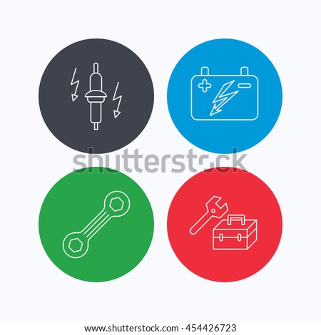 Accumulator, spanner tool and car service icons. Repair toolbox, spark plug linear signs. Linear icons on colored buttons. Flat web symbols. Vector