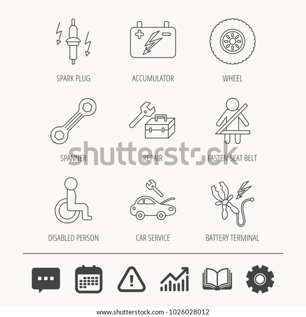 Accumulator, spanner tool and car service icons.\
Repair toolbox, wheel and spark plug linear signs. Disabled person,\
battery terminal icons. Education book, Graph chart and Chat signs.\
Vector