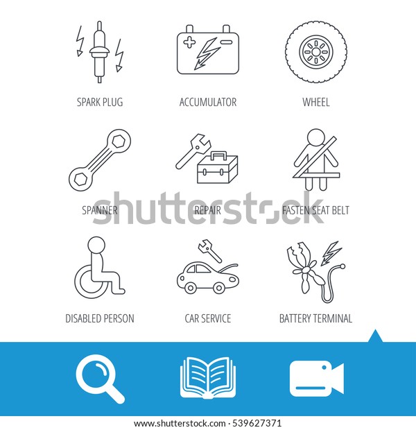 Accumulator,\
spanner tool and car service icons. Repair toolbox, wheel and spark\
plug linear signs. Disabled person, battery terminal icons. Video\
cam, book and magnifier search icons.\
Vector