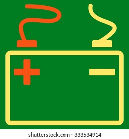 Accumulator vector icon. Style is bicolor flat symbol, orange and yellow colors, rounded angles, green background.