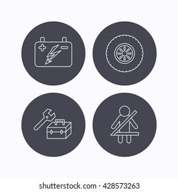 Accumulator, wheel and car service icons. Repair toolbox, fasten seat belt linear signs. Flat icons in circle buttons on white background. Vector