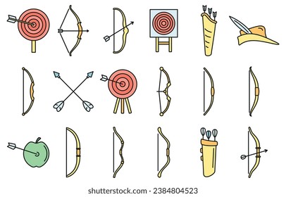 Iconos de tiro con arco de precisión. Conjunto de contornos de precisión iconos vectoriales de tiro de arco color de línea delgada plano sobre blanco