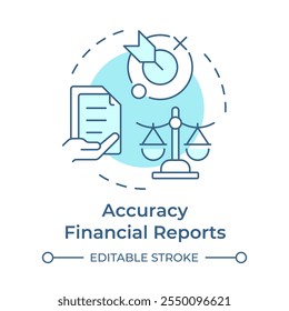 Ícone de conceito azul flexível de relatórios financeiros de precisão. Documentação comercial, contabilidade. Ilustração de linha de forma redonda. Ideia abstrata. Design gráfico. Fácil de usar em infográfico, apresentação