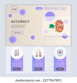 Accuracy flat landing page website template. Diversity, integrity, core values. Web banner with header, content and footer. Vector illustration.