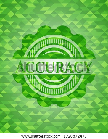 Accuracy green emblem with triangle mosaic background. Vector Illustration. Detailed. 