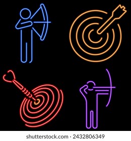 grupo de precisión de iconos de neón, ilustración vectorial, sobre un fondo negro.