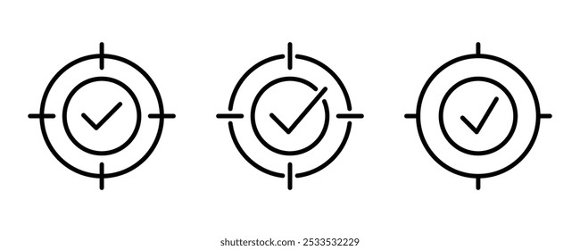 Conceito de ícone de precisão. Destino com ícone de marca de seleção linha vetor coleção de ilustração