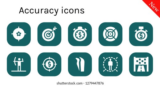  accuracy icon set. 10 filled accuracy icons. Simple modern icons about  - Target, Stopwatch, Dart, Archery, Tweezers, Goal
