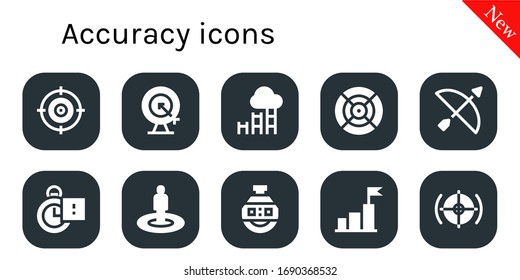 accuracy icon set. 10 filled accuracy icons.  Simple modern icons such as: Target, Goal, Dart, Archery, Stopclock