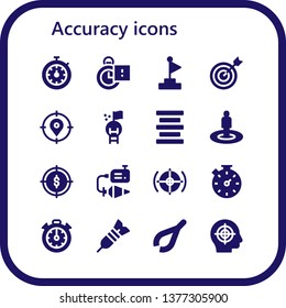 accuracy icon set. 16 filled accuracy icons.  Collection Of - Stopwatch, Stopclock, Goal, Target, Center alignment, Plumb bob, Dart, Tweezers