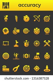 accuracy icon set. 26 filled accuracy icons.  Simple modern icons about  - Goal, Tweezers, Stopwatch, Archery, Target, Stopclock, Stop watch, Darts, Dartboard, Measuring tape