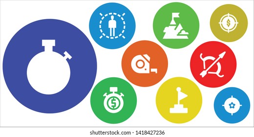 accuracy icon set. 9 filled accuracy icons.  Simple modern icons about  - Stopwatch, Target, Goal, Measuring tape, Archery