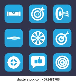 accuracy icon. Set of 9 filled accuracy icons such as level ruler, tweezers, target, thumb up, arrows in target